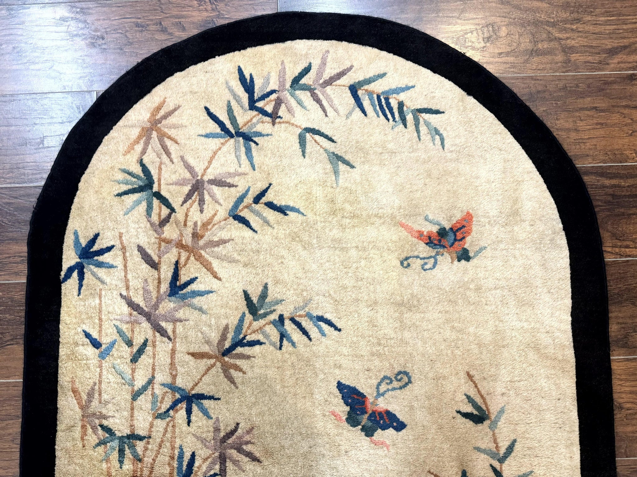 Antique Chinese Oval Rug 3.9 x 6.7, Floral, Butterflies, Chinese Wool Art Deco Peking Carpet, Beige, Handmade by Jewel Rugs