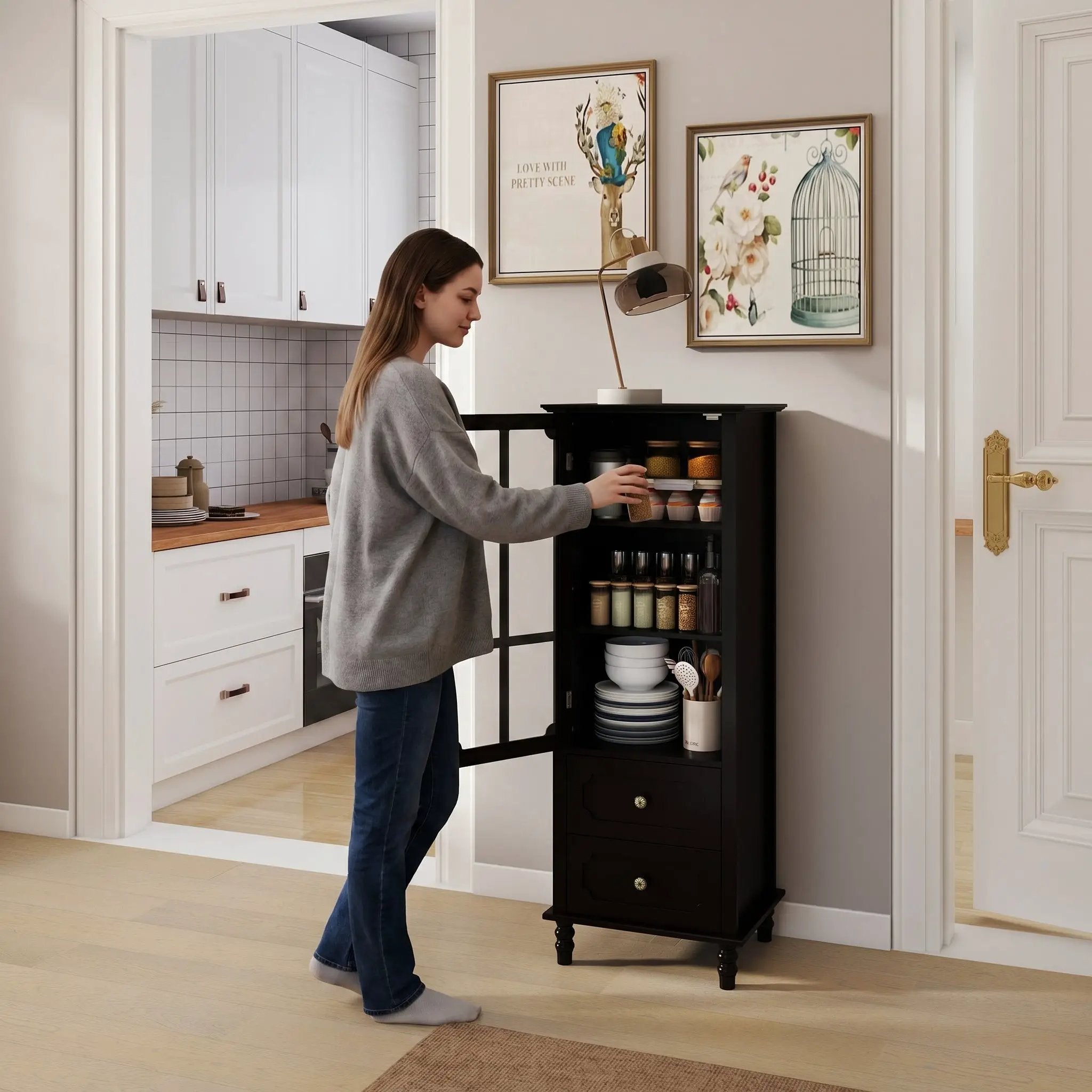 Black Tall Storage Cabinet with Glass Door & 2 Drawers by HouseOfZazla