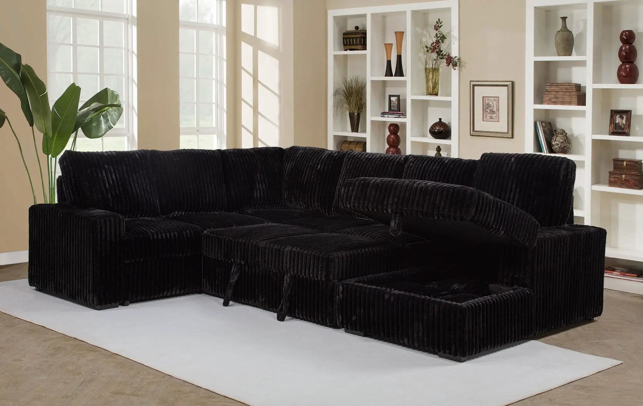 Devonshire Sleeper Sectional Sofa Storage Chaise Black by Unique Piece Furniture