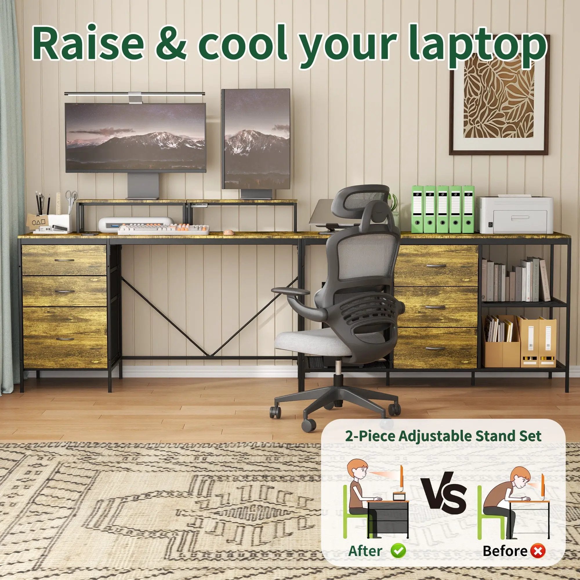 Industrial L Shaped Computer Desk With Power Outlets & USB-C, 6 Fabric Drawers, 3 Open Shelves, Movable Monitor Stands - Brown by HouseOfZazla