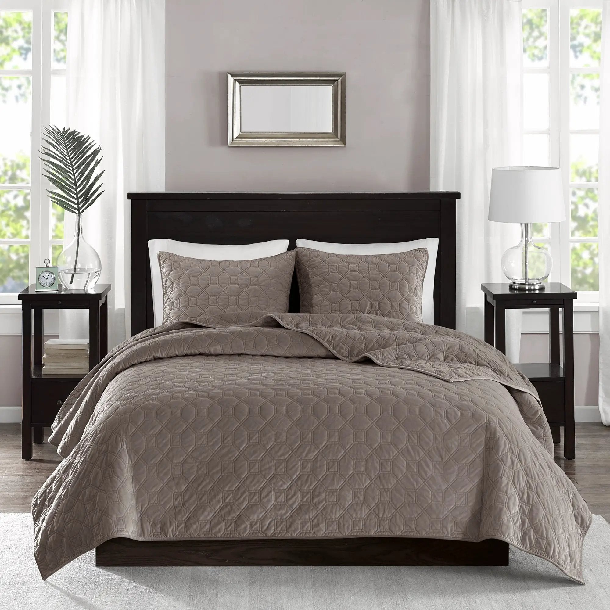 3 Piece Velvet Quilt Set Taupe Full/Queen by HouseOfZazla