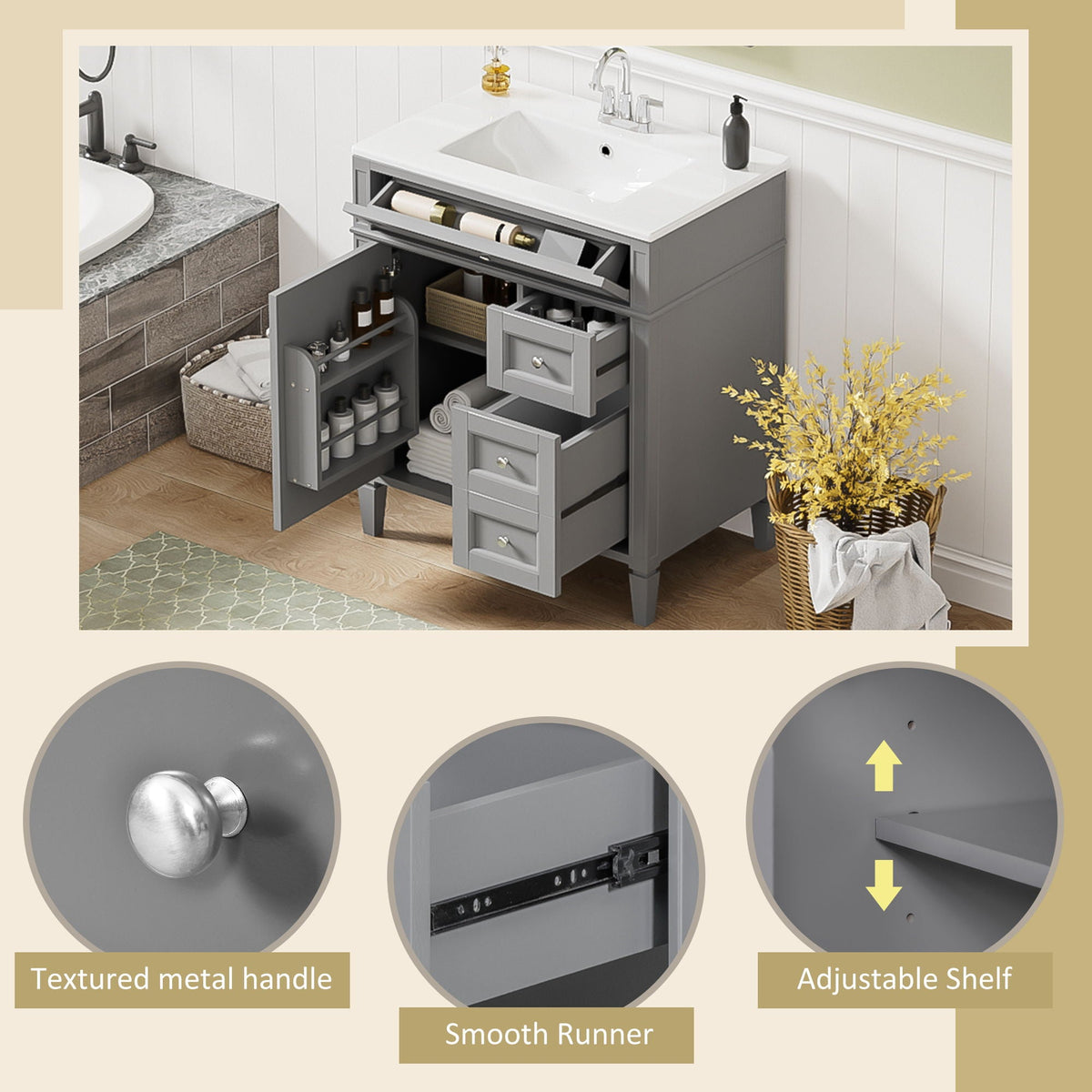 Dark Gray Bathroom Vanity With Top Sink, 2 Drawers & Tip Out Drawer, photo 61 of 66