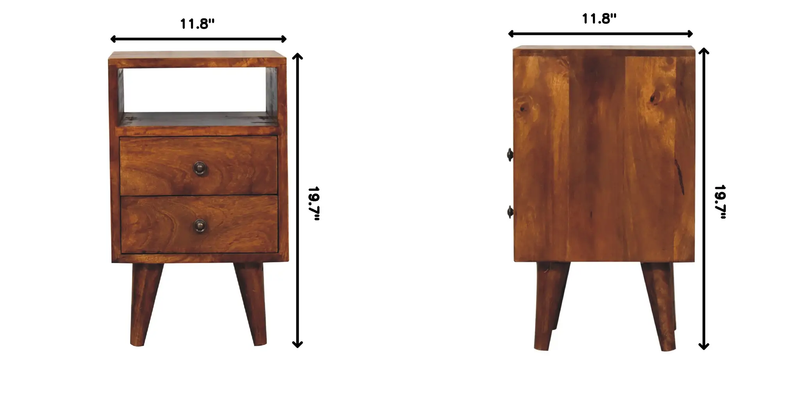 Solid Wood Mini Classic Chestnut Bedside, 2-Drawers, 1 Open Slot, Nordic Legs by HouseOfZazla