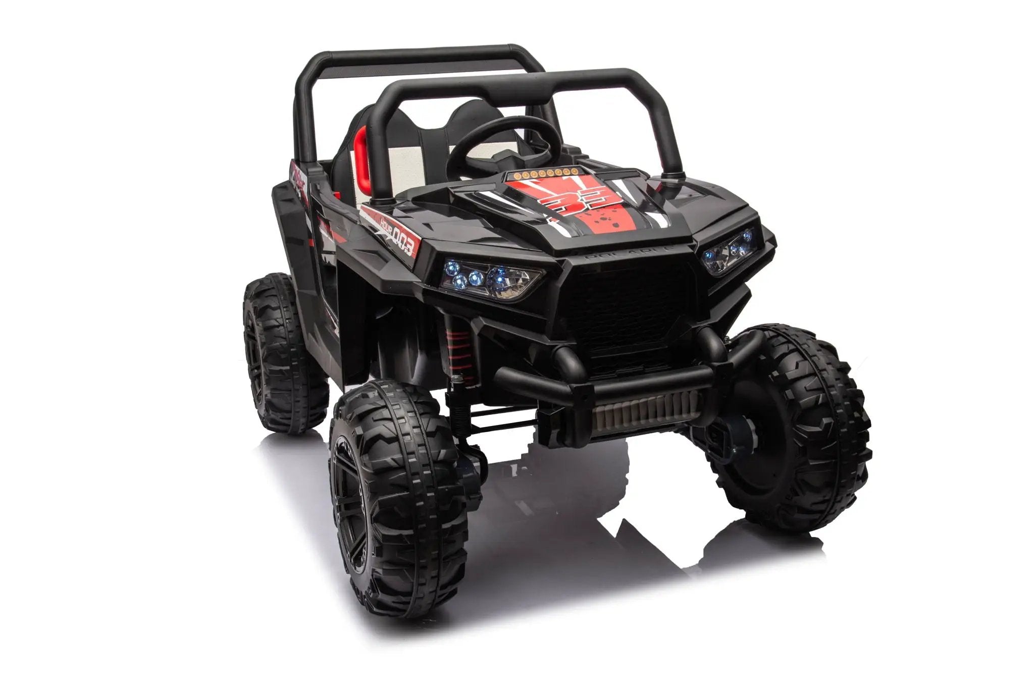 12V7A*2 30W*4 Four-Wheel Drive Seat One Button Start, Forward And Backward, High And Low Speed, Music, Front Light, Power Display, Two Doors Can Open, 2.4G R / C, Seat Belt Four Wheel Absorber by HouseOfZazla