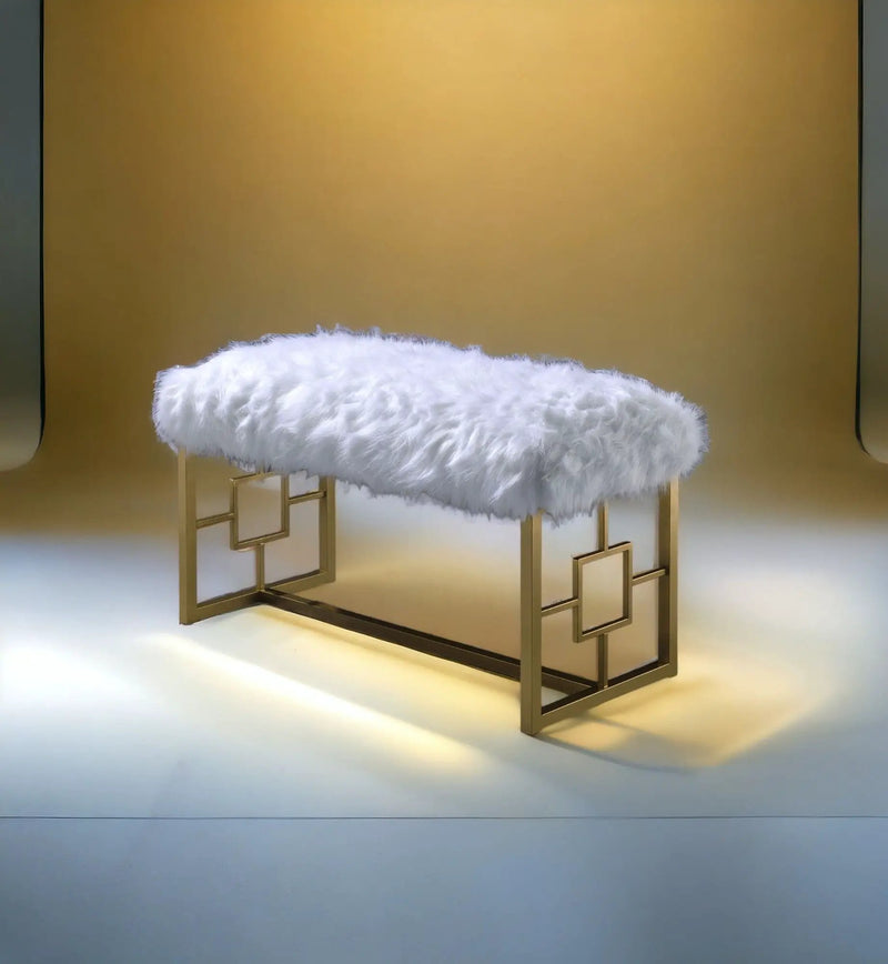 Bagley II - Bench Faux Fur - White / Gold by HouseOfZazla