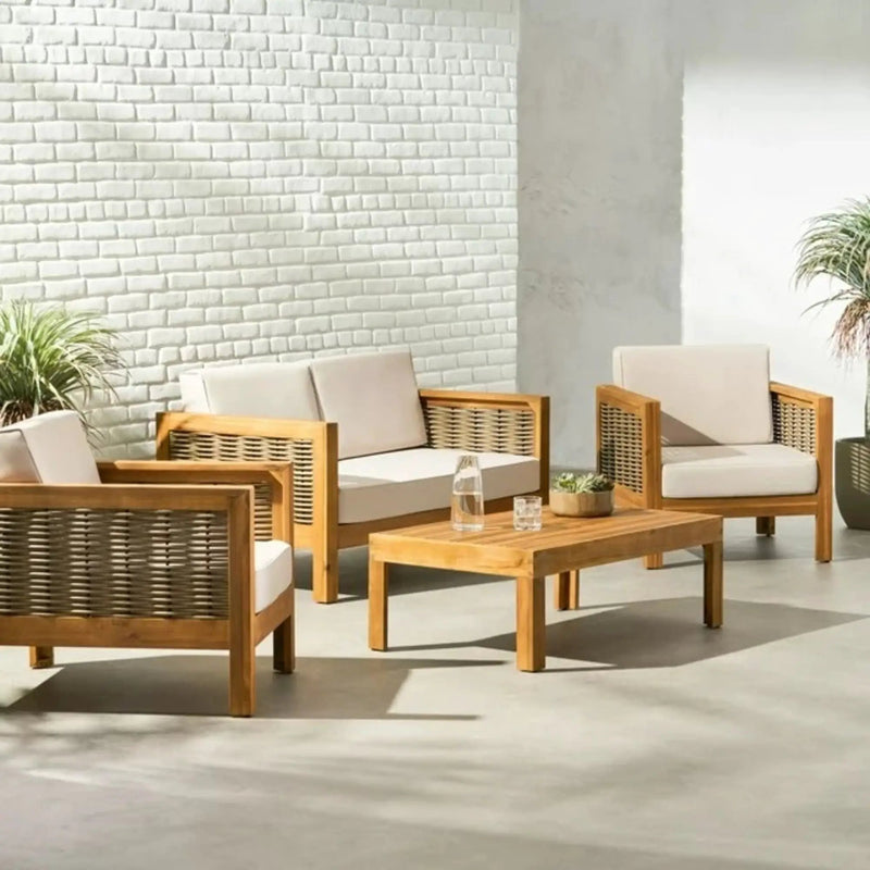 Outdoor 4 Seater Acacia Wood Chat Set With Wicker Accents And Cushions by HouseOfZazla