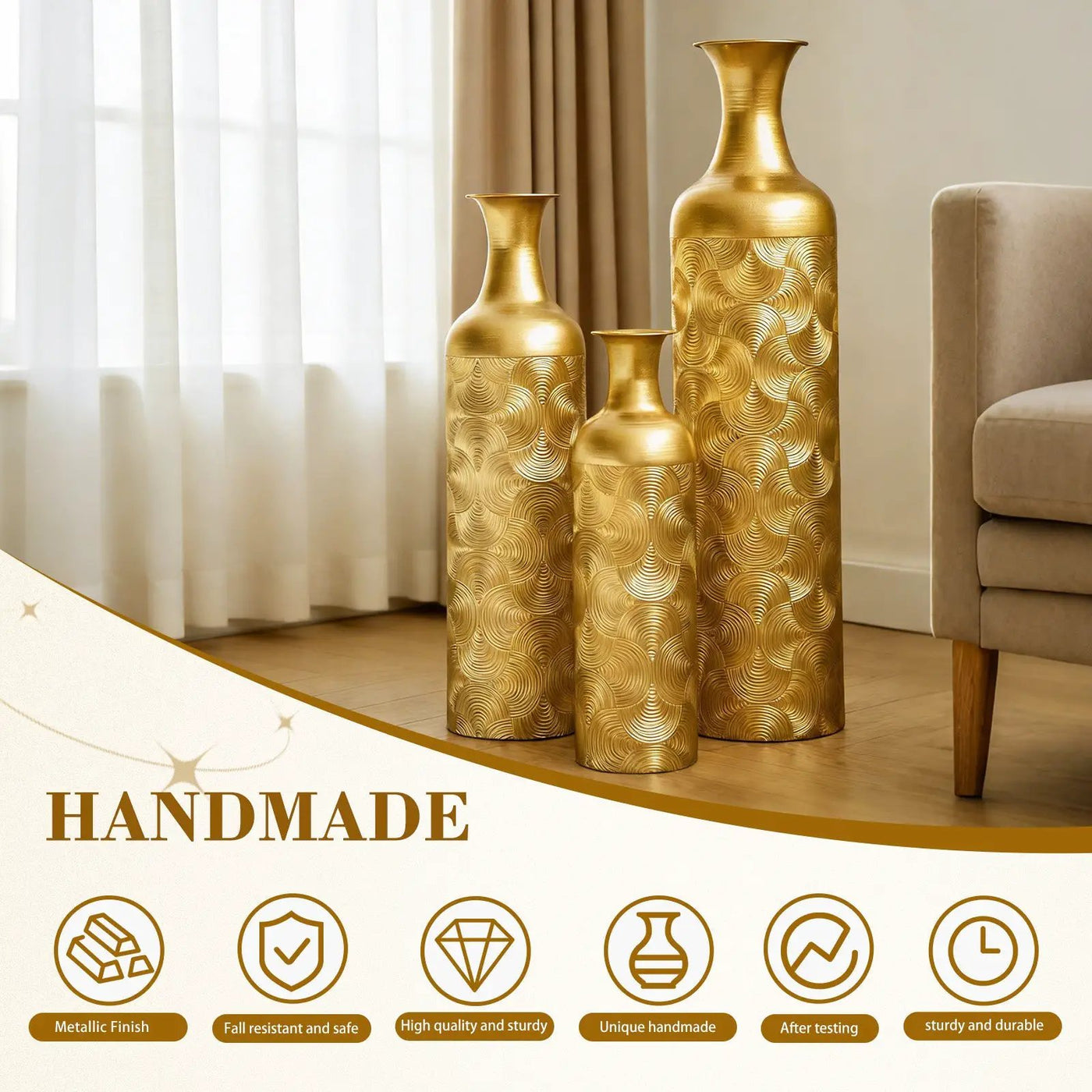 3 Pack Semi-Handcrafted Gold Metal Vase Collection by HouseOfZazla