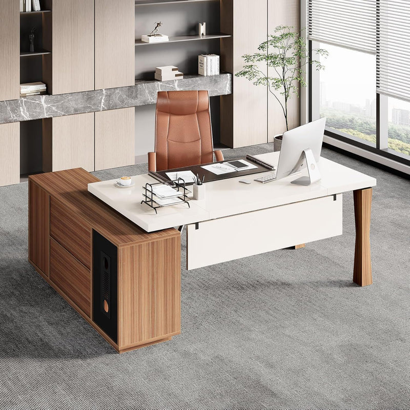 L-Shaped Executive Desk With Storage Cabinet, Home Office Workstation With Shelves - White / Walnut by HouseOfZazla