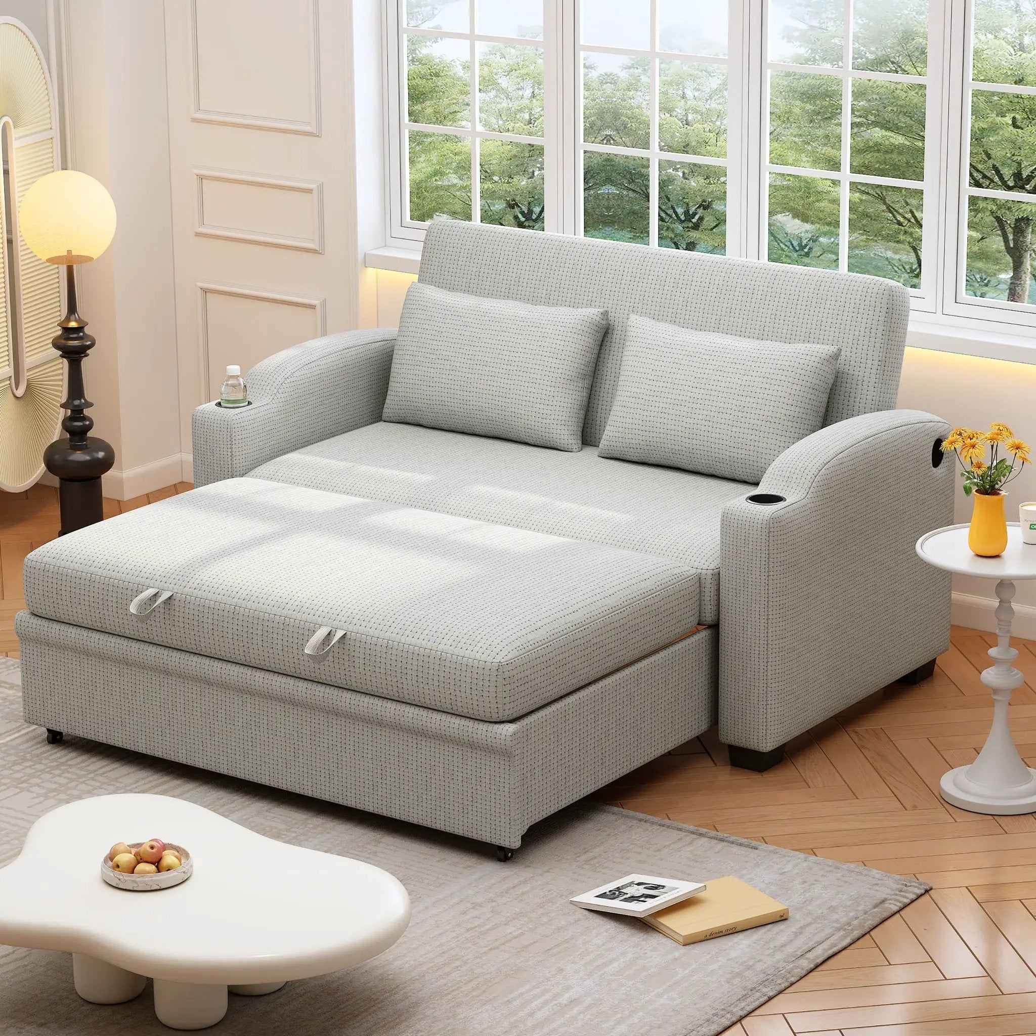 Pull Out Loveseat Sofa With Adjsutable Backrest, 2 Pillows, Cup Holders, USB Ports For Living Room by HouseOfZazla