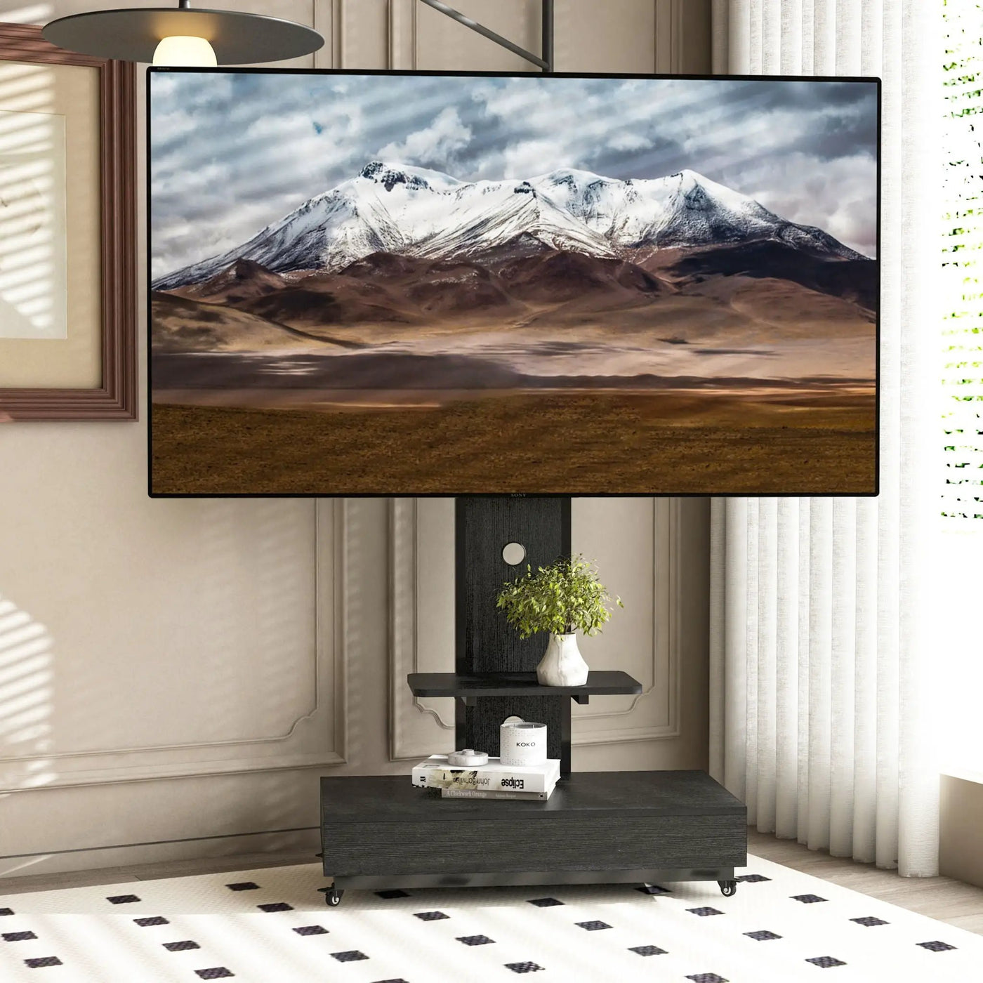 Mobile TV Cart With Push Pull Drawer, Lockable Wheels by HouseOfZazla