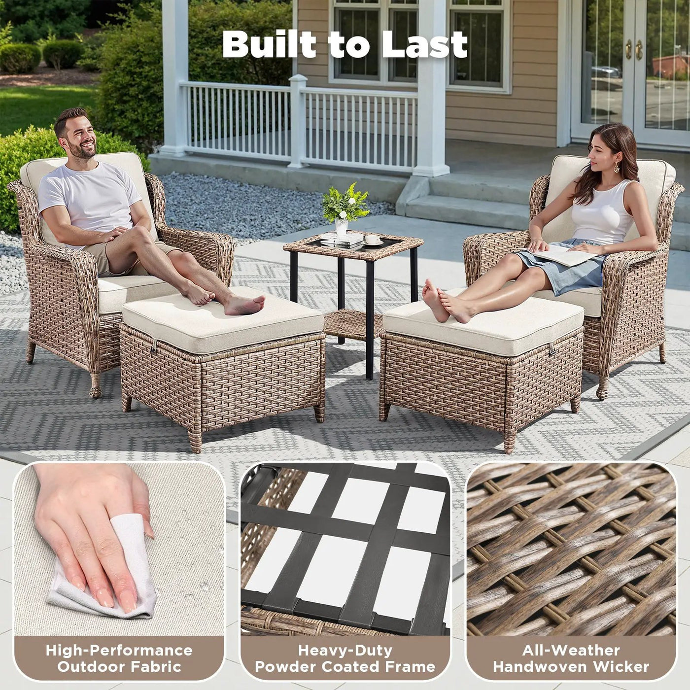 5-Piece Outdoor Lounge Chairs Set with Side Table and Ottomans by HouseOfZazla