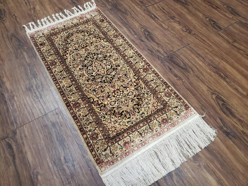 Silk Oriental Rug 1' 7" x 3', Very Fine Silk Carpet, Small Silk Rug, Traditional Floral Medallion, Hand-Knotted Cream Beige Vintage Silk Rug by Jewel Rugs