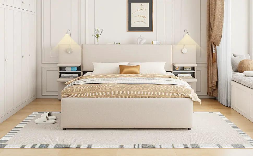 Upholstered Platform Bed With Reading Lights, Drawers, Trundle And Shelves by HouseOfZazla