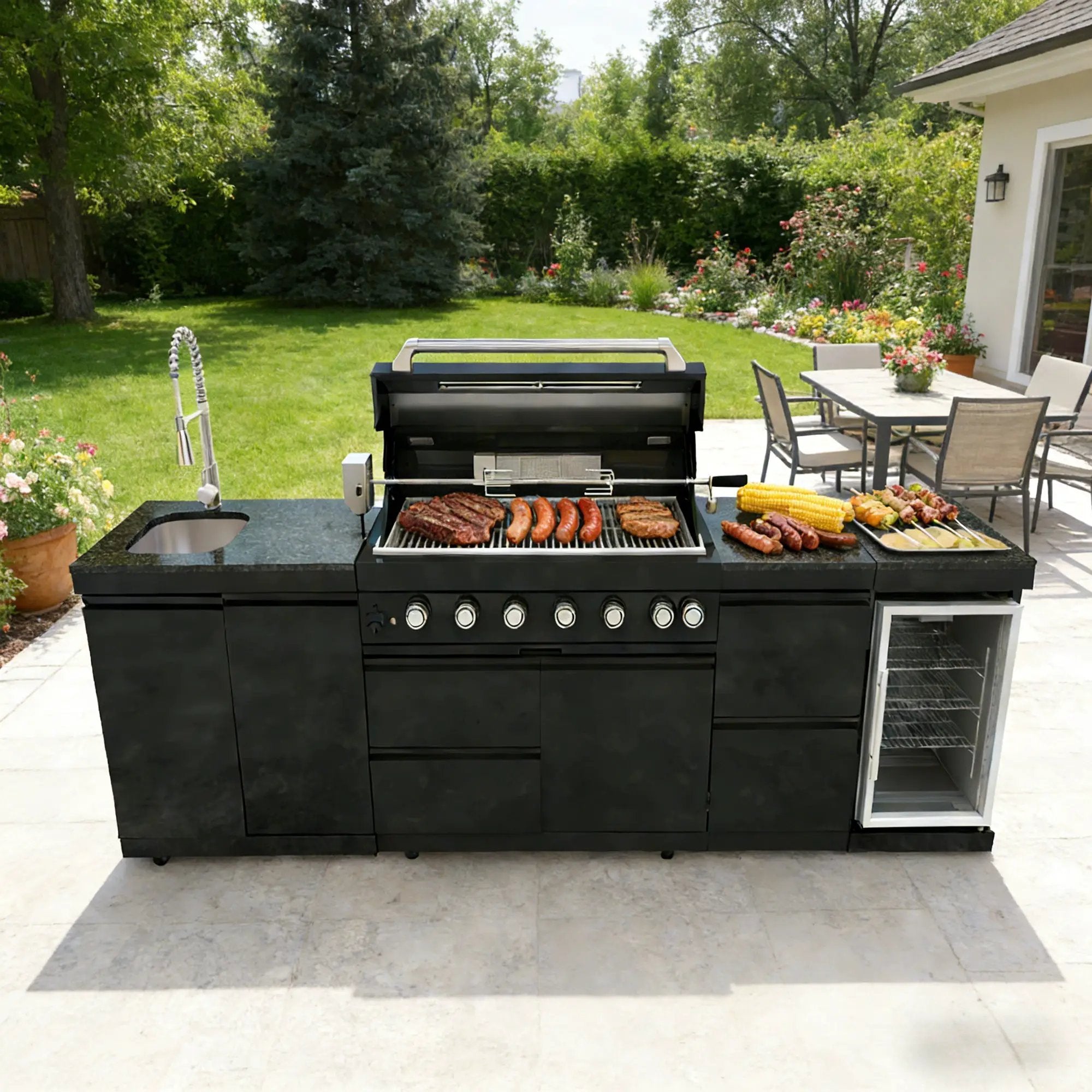 115" 6-Burner 85,000 Black Outdoor Kitchen Island Grill Rotisserie kit by Chery Industrial