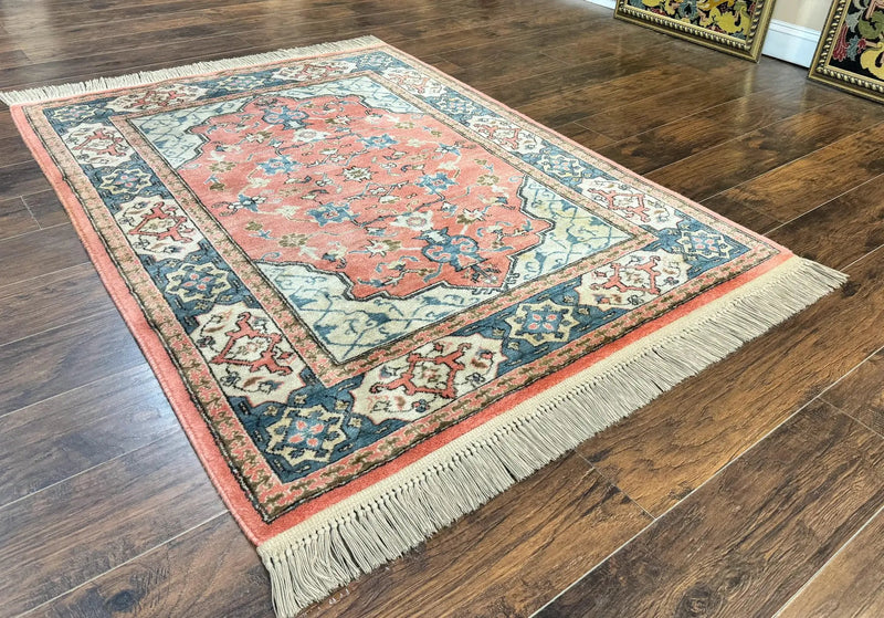 Karastan Rug 4x6 Bergama Design #737, Karastan Area Rug, Vintage Wool Karastan Carpet, Original Collection 700 Series, Salmon Red Light Blue by Jewel Rugs