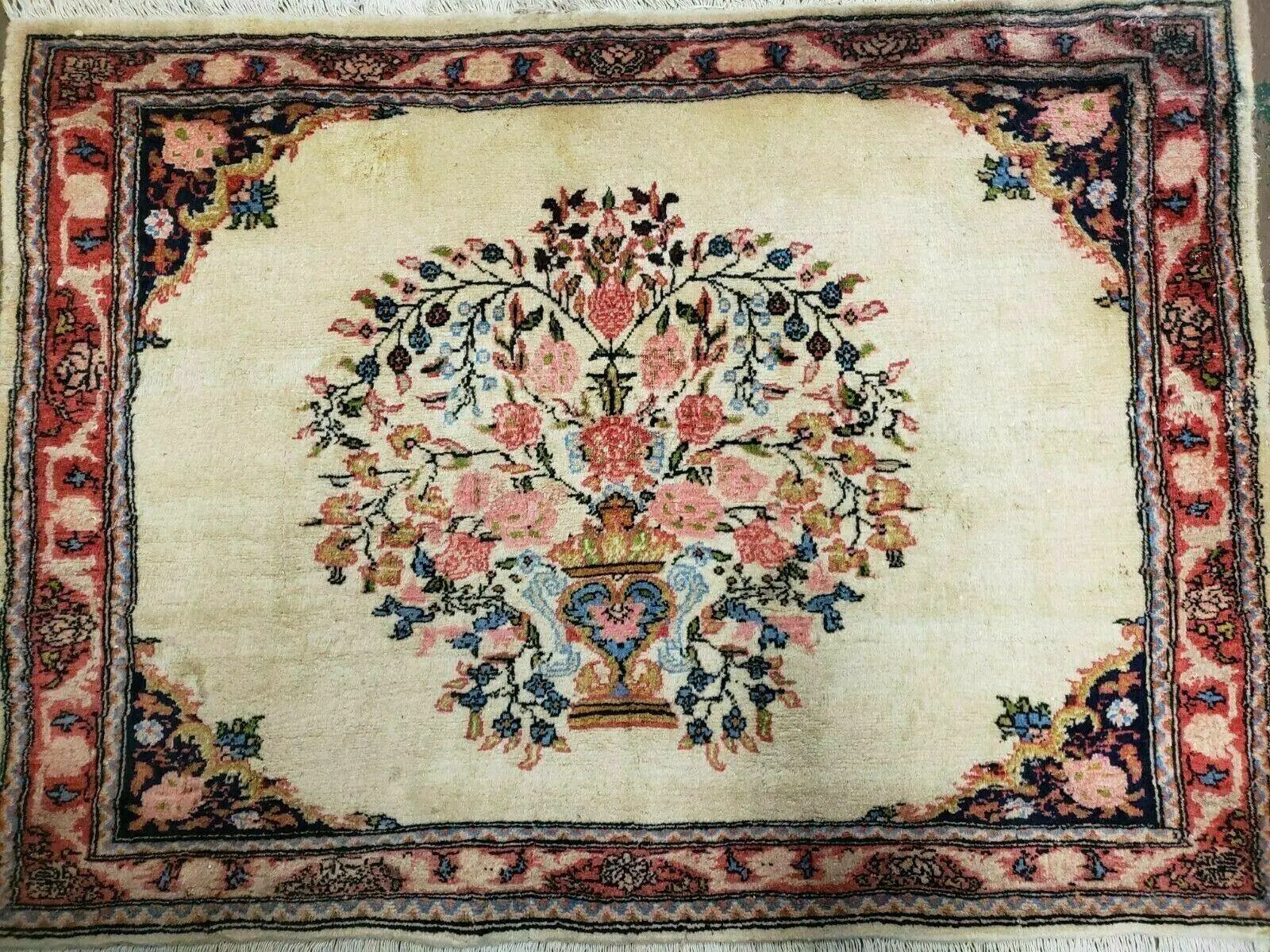 2' 7" X 3' 6" Antique Rug Hand Knotted Pictorial Wool Oriental Flowers by Jewel Rugs
