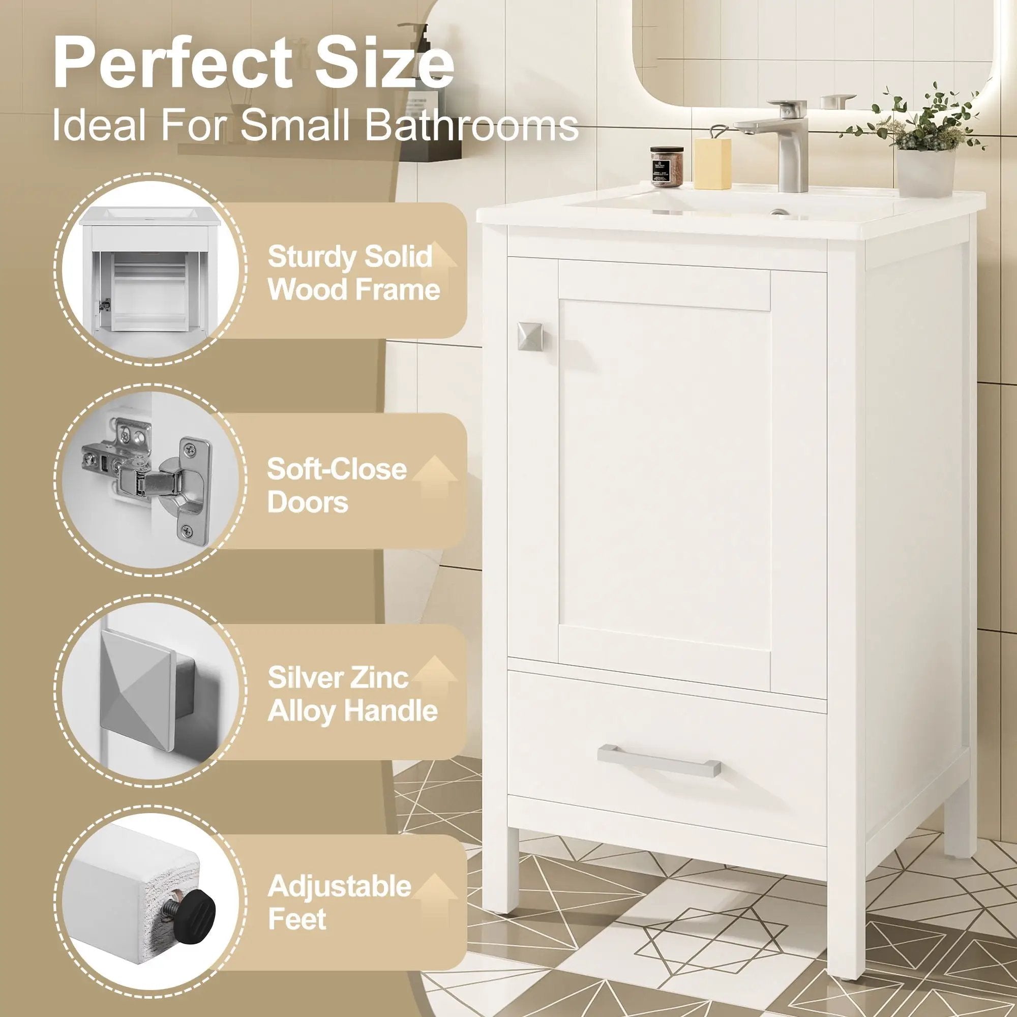 Bathroom Vanity With Ceramic Sink, Soft Close Drawers, Door Organizer, Divider Drawer, Adjustable Foot Pads by HouseOfZazla