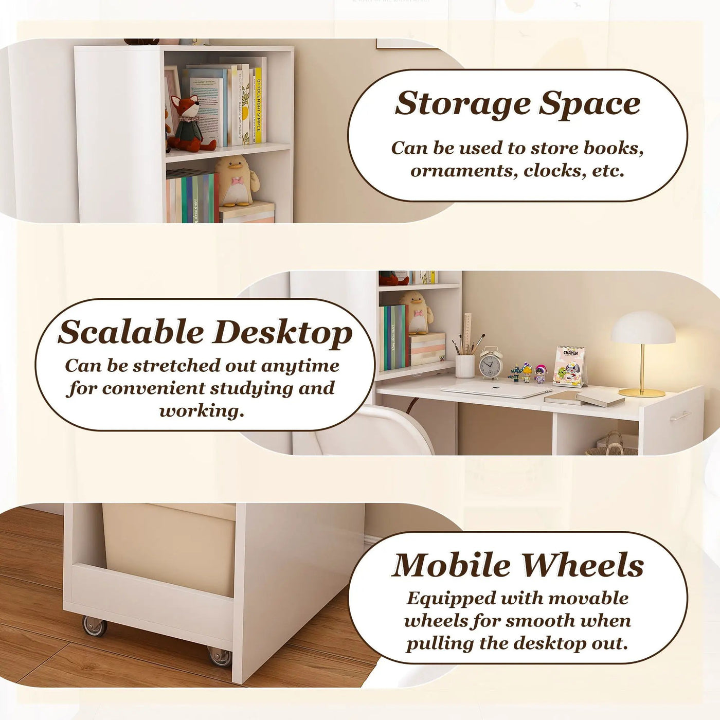 Stretchable Office Desk With Storage Shelves And Mobile Wheels by HouseOfZazla