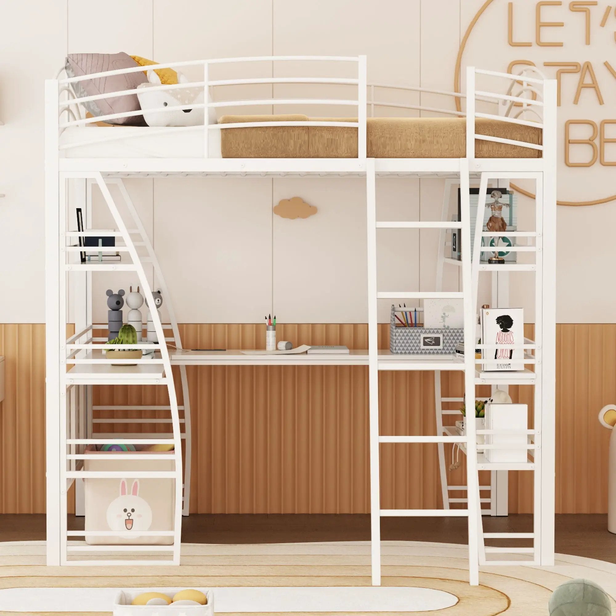 Loft Bed With 4 Layers Of Shelves And L-Shaped Desk, Stylish Metal Frame Bed With A Set Of Sockets, USB Ports And And Wireless Charging by HouseOfZazla