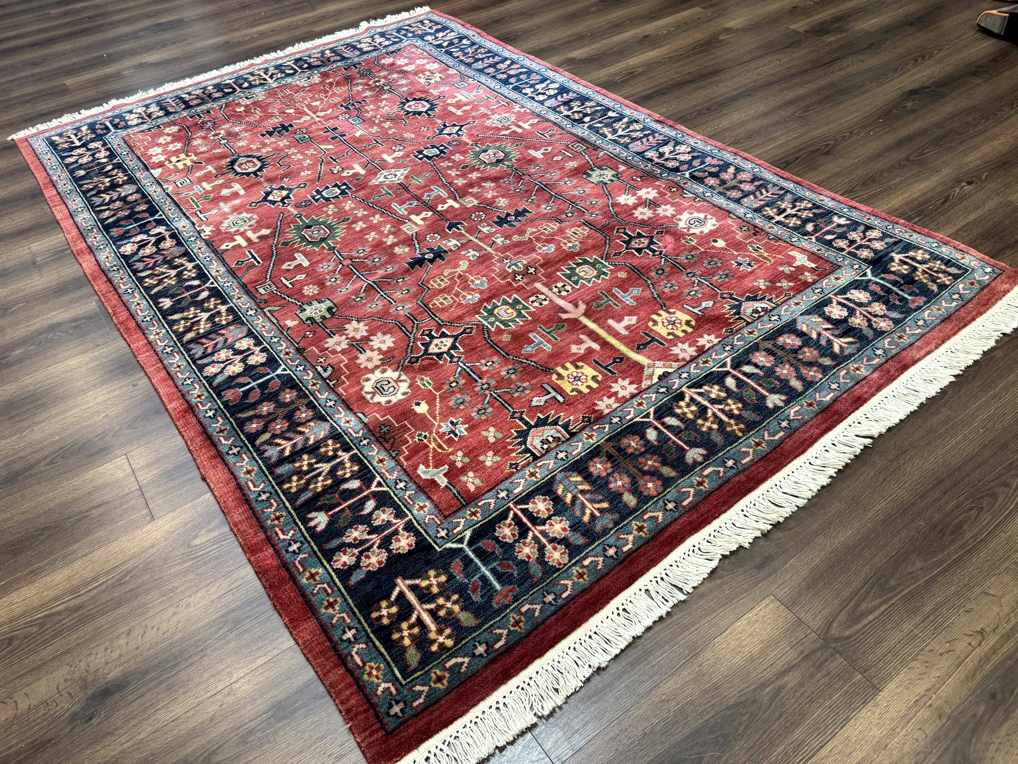 Indo Persian Heriz Serapi Rug 6x8, Rust Red and Navy Blue, Allover Pattern by Jewel Rugs