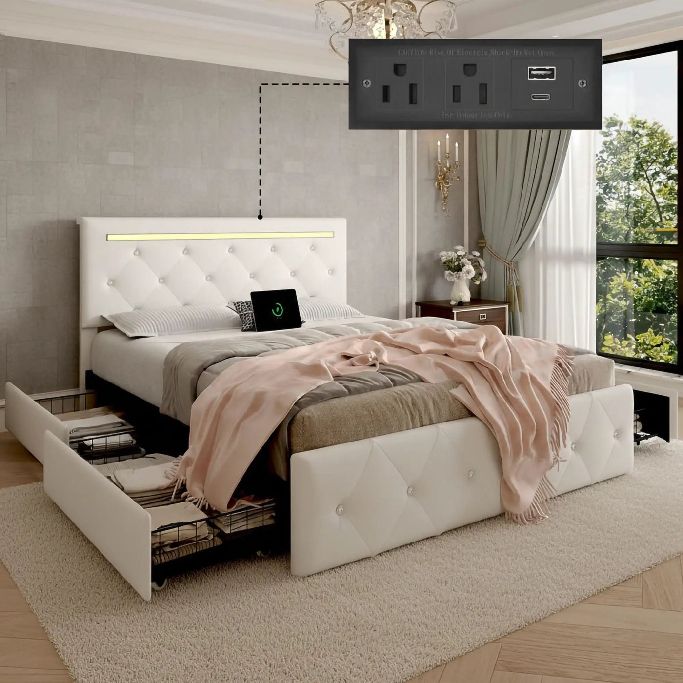 Upholstered Bed Frame With LED Lights, 4 Storage Drawers, Charging Station by HouseOfZazla
