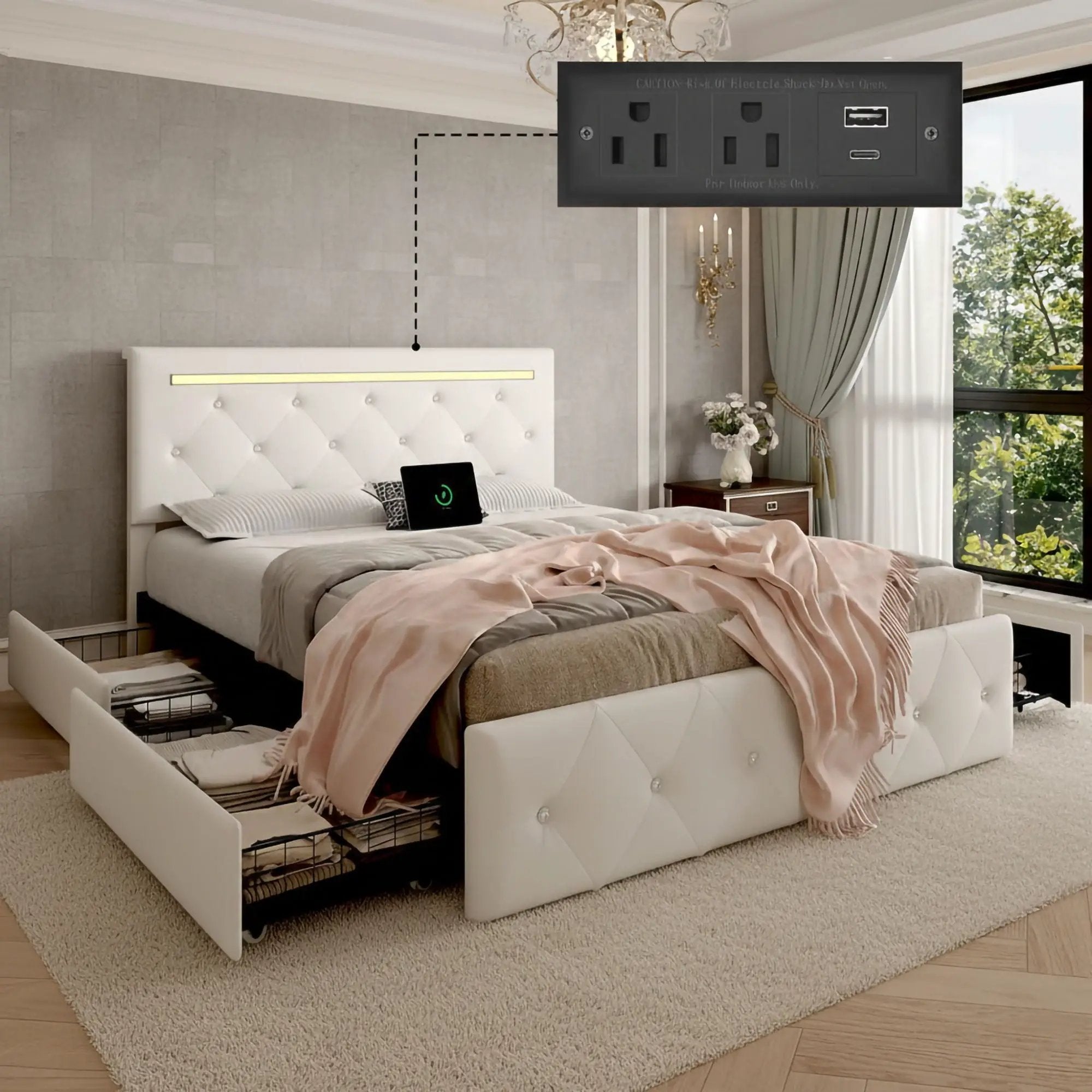 Upholstered Bed Frame With LED Lights, 4 Storage Drawers, Charging Station by HouseOfZazla