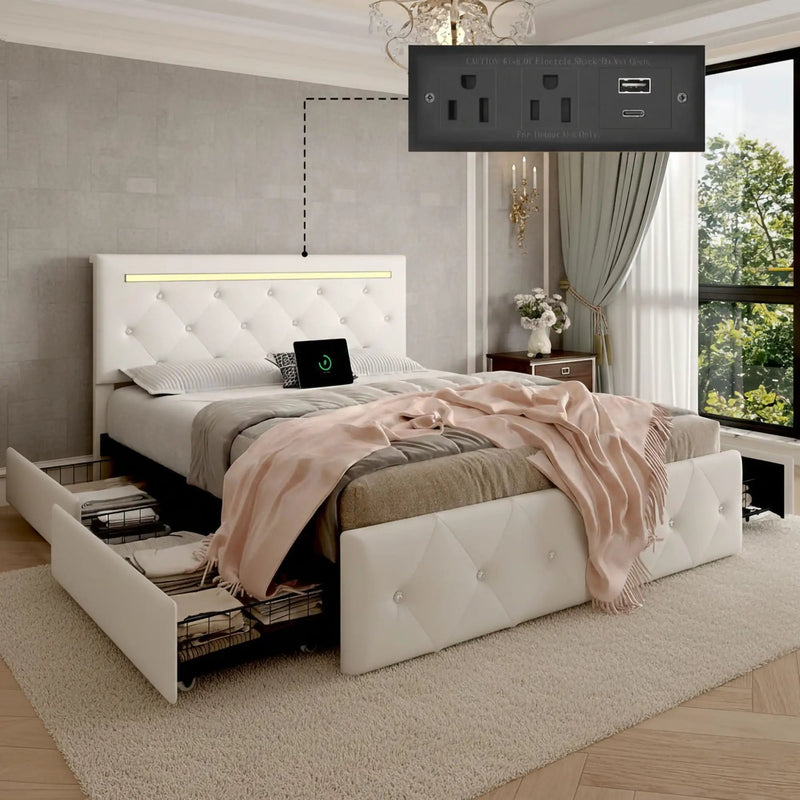 Upholstered Bed Frame With LED Lights, 4 Storage Drawers, Charging Station by HouseOfZazla