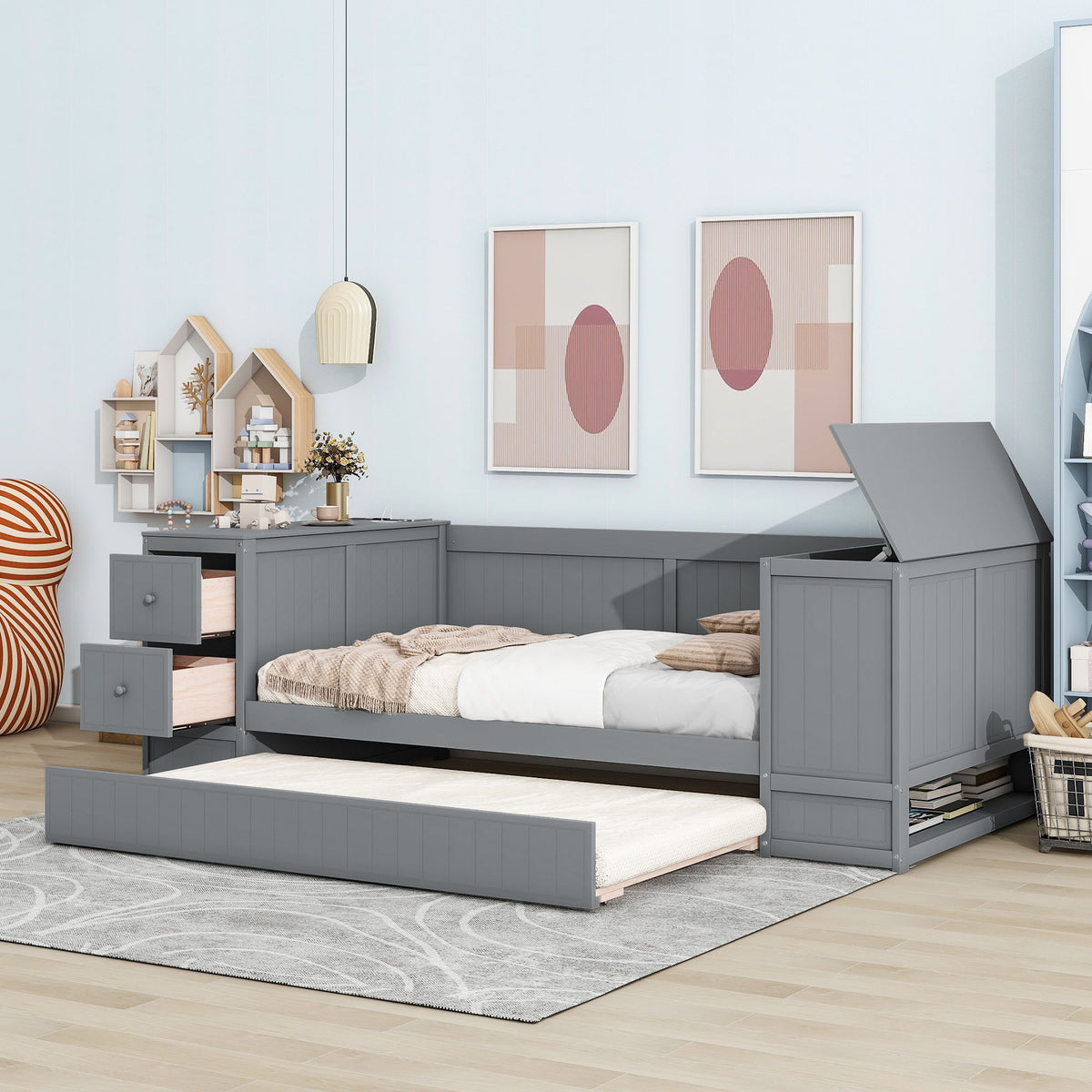 Daybed With Storage Arms and Charging Station - Twin Trundle Bed, photo 31 of 39