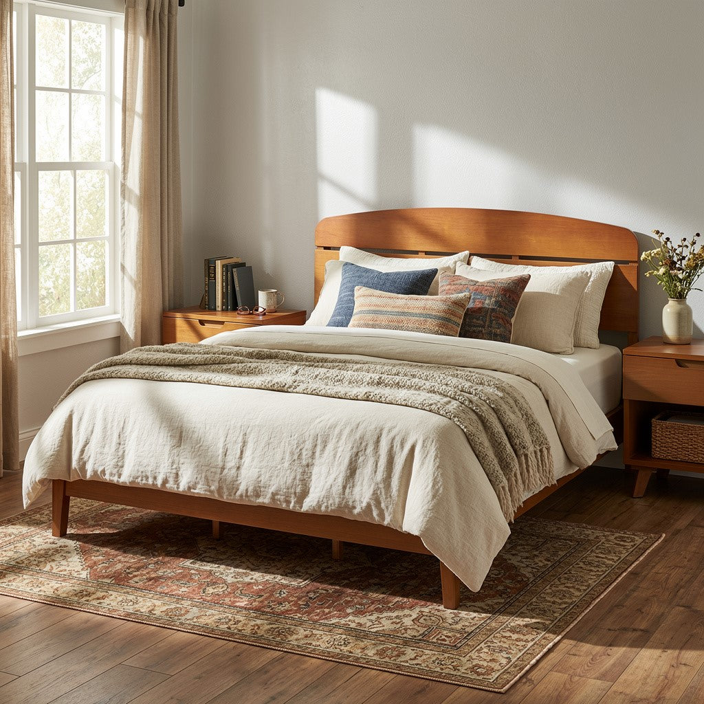 Queen Size Solid Wood Platform Bed with Curved Headboard, photo 3 of 10