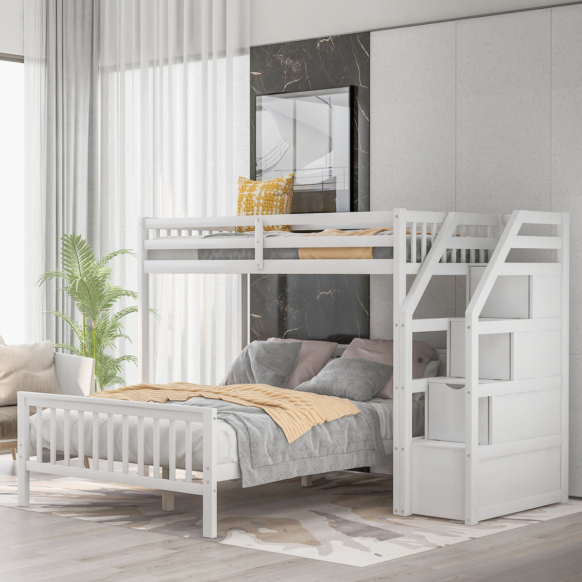 Loft Bed With Staircase and Storage - Twin Over Full, Guardrails - White or Dark Gray, photo 26 of 26