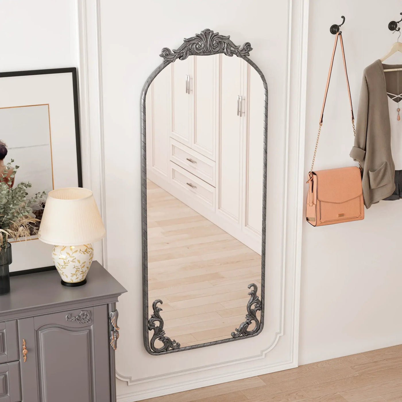 Full Body Arched Mirror With Vintage Carved Applique by HouseOfZazla