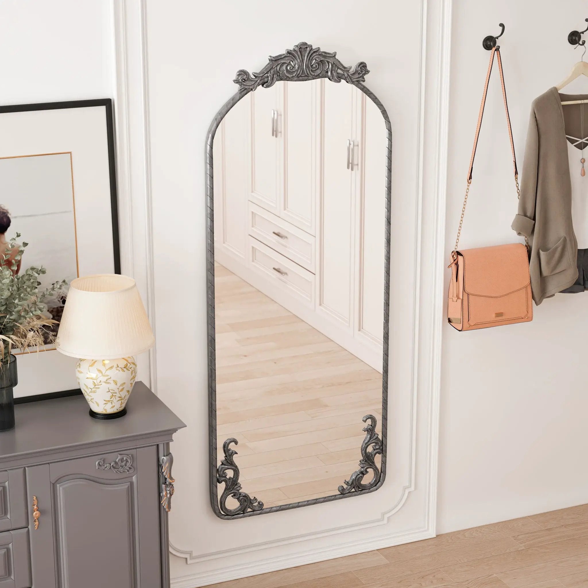 Full Body Arched Mirror With Vintage Carved Applique by HouseOfZazla