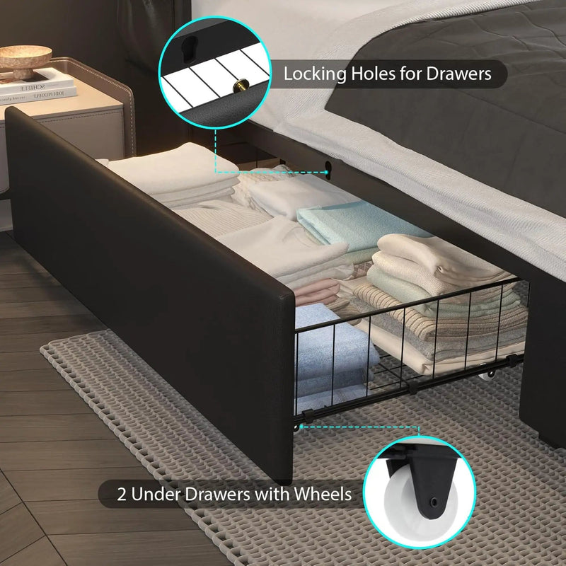 Wingback Upholstered Bed Frame With LED Lights, Charging Station by HouseOfZazla