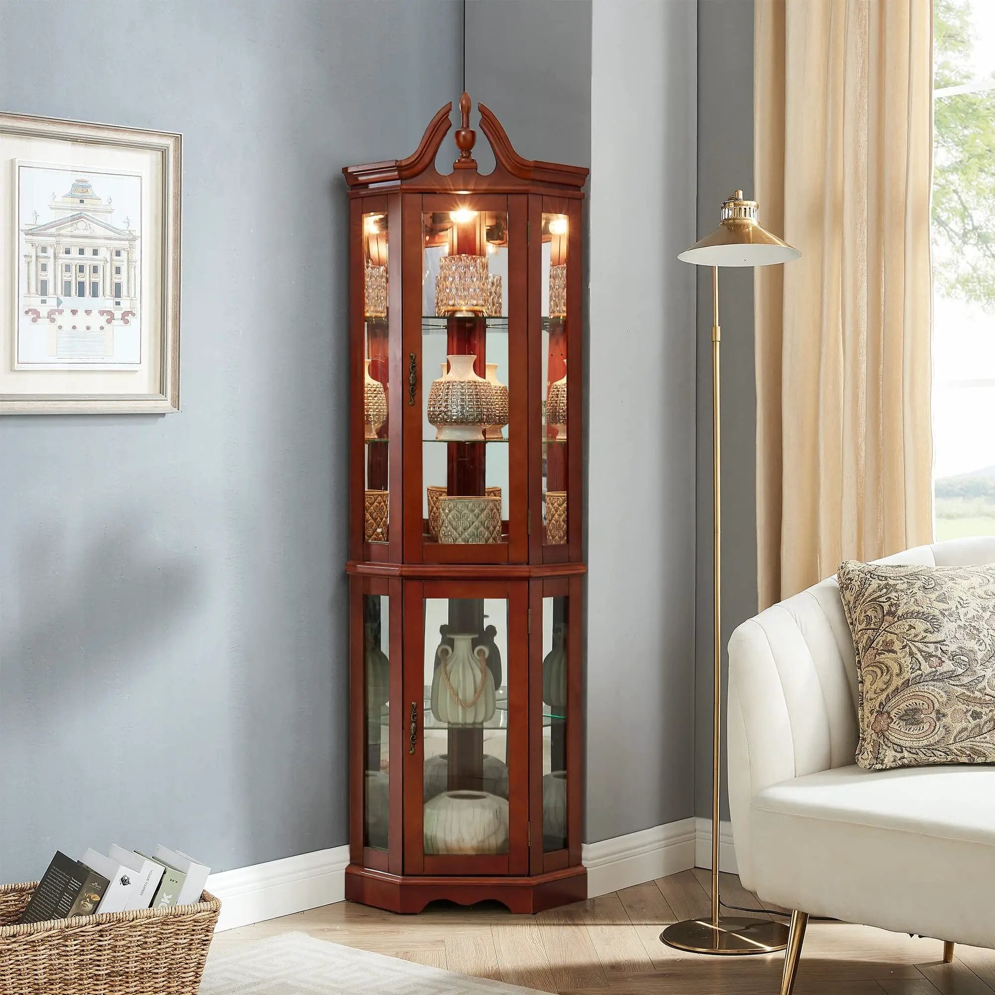 Corner Curio Cabinet With Lights, Adjustable Tempered Glass Shelves, Display Cabinet (E26 Light Bulb Not Included) - Mirrored / Walnut by Unique Piece Furniture