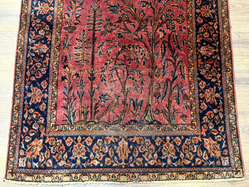 Antique Persian Tree of Life Rug 3x5, Manchester Wool, Bird Pictorials, Fine 240 KPSI, Red Navy Blue by Jewel Rugs