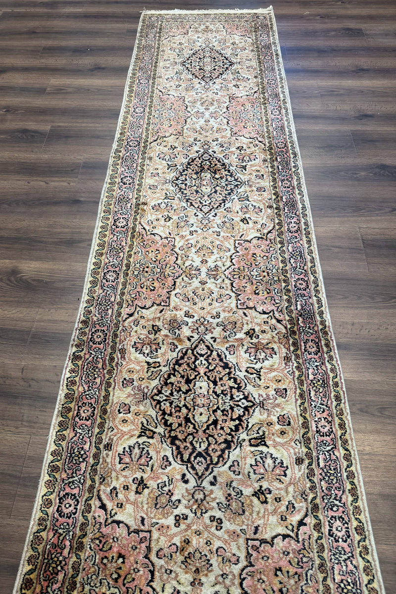 Silk Indian Kashmiri Runner Rug 2.7 x 9.8, Floral Medallions by Jewel Rugs