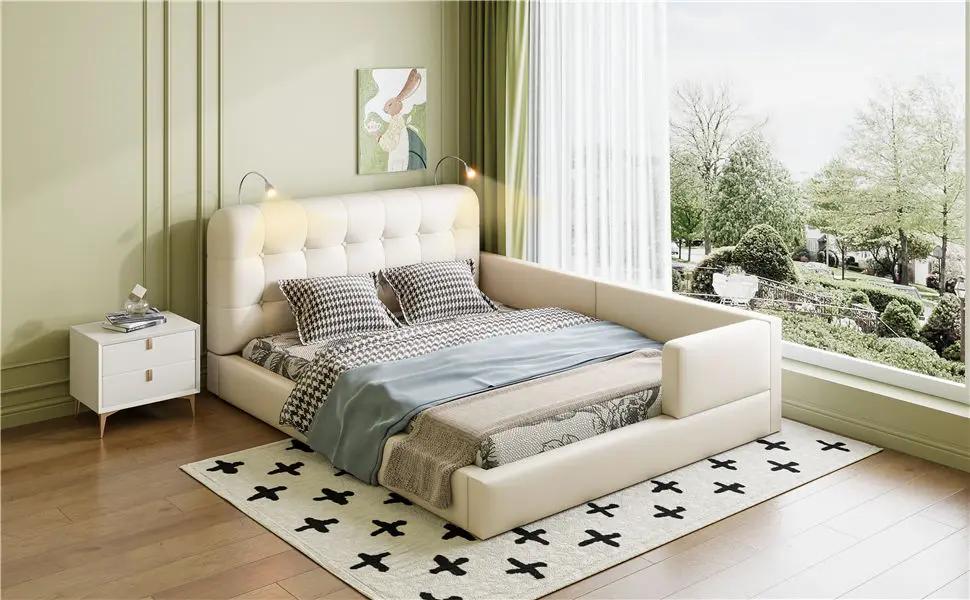 Queen Size Upholstered Platform Bed With 2 Reading Lights - White by HouseOfZazla