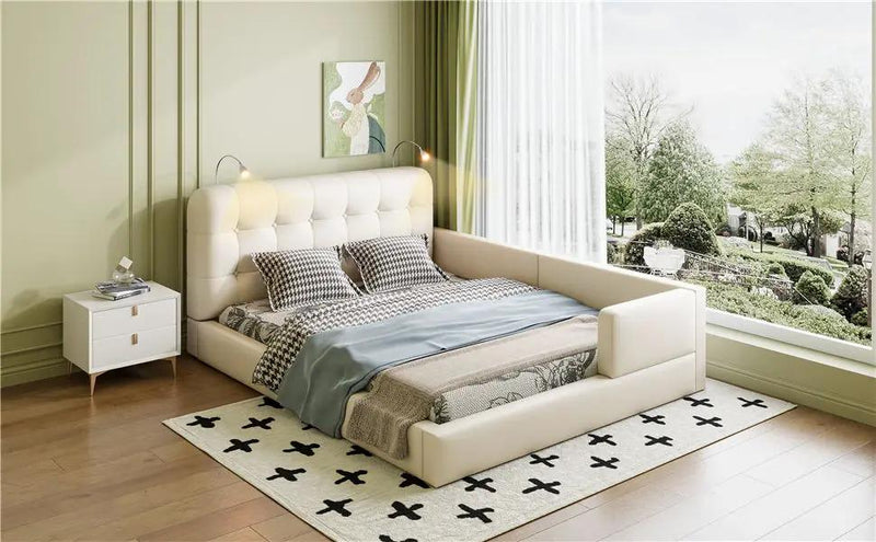Queen Size Upholstered Platform Bed With 2 Reading Lights - White by HouseOfZazla
