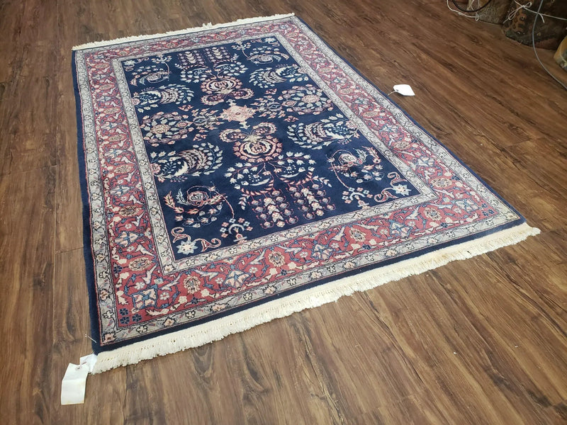Dark Blue Indo Persian Rug 4x6, Medium Size Hand Knotted Oriental Carpet, Traditional Floral Indian Rug, Blue and Red Entryway Rug, Wool Rug by Jewel Rugs