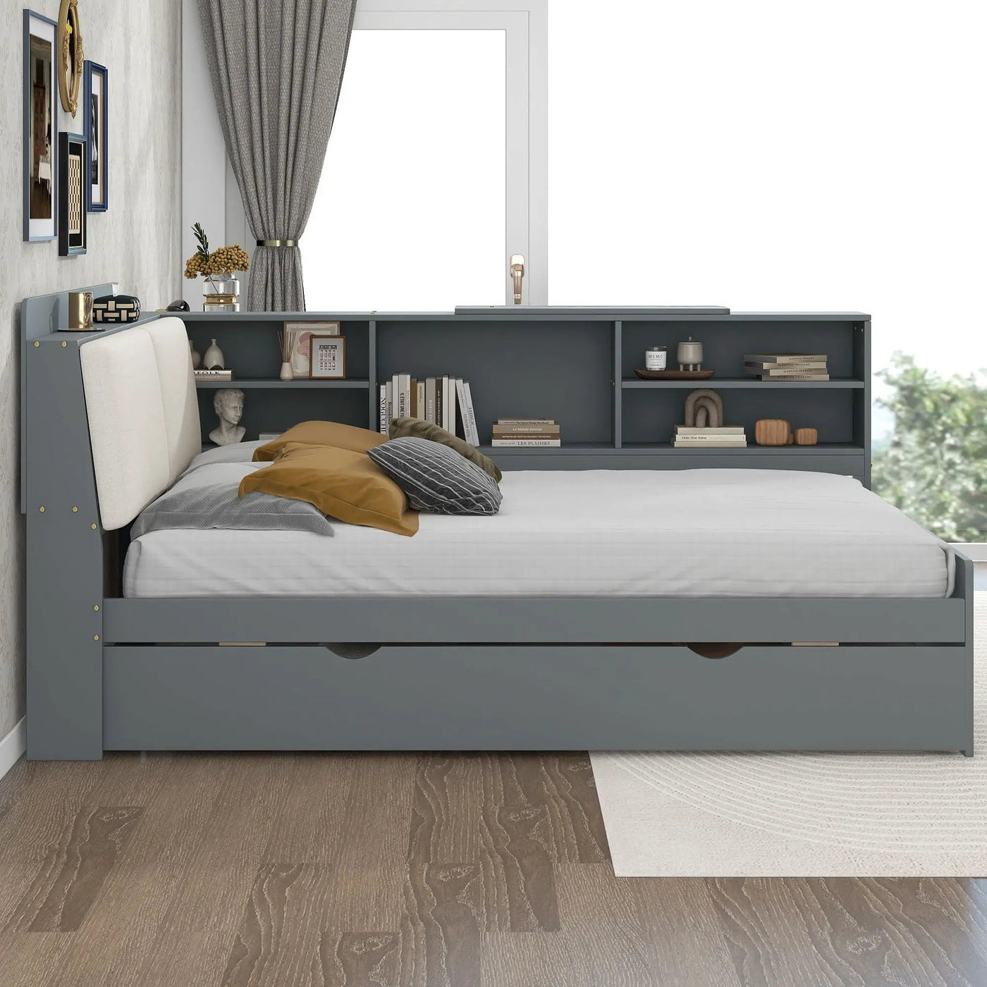 Platform Bed With Trundle, Shelves, And Storage Headboard by HouseOfZazla