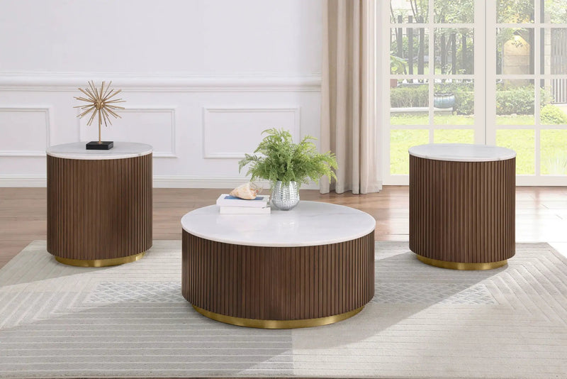Jason Round White Marble Top Side End Table Honey Brown by Unique Piece Furniture