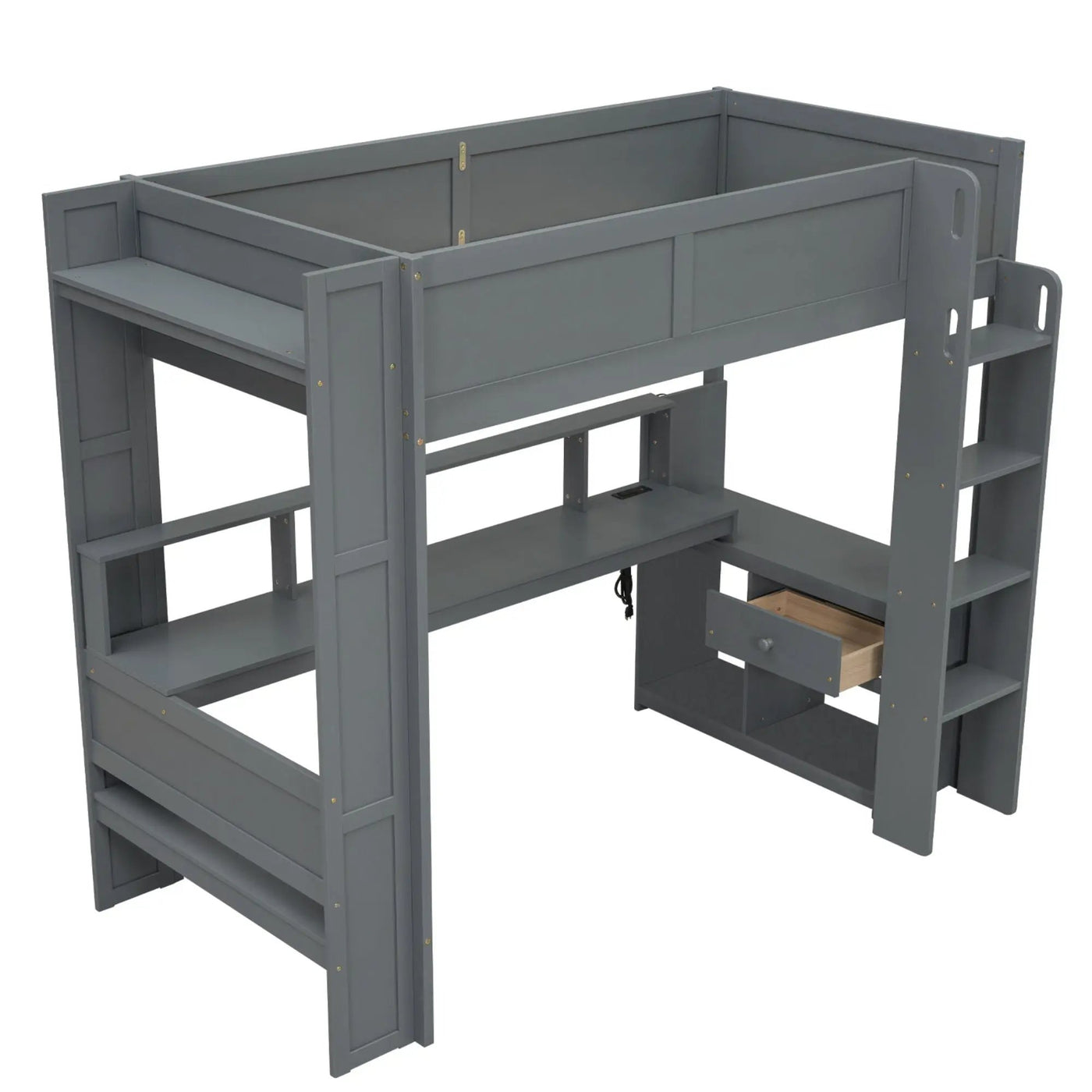 Gaming Loft Bed With Desk, Multi Storage Shelves, LED And Charging Station by HouseOfZazla