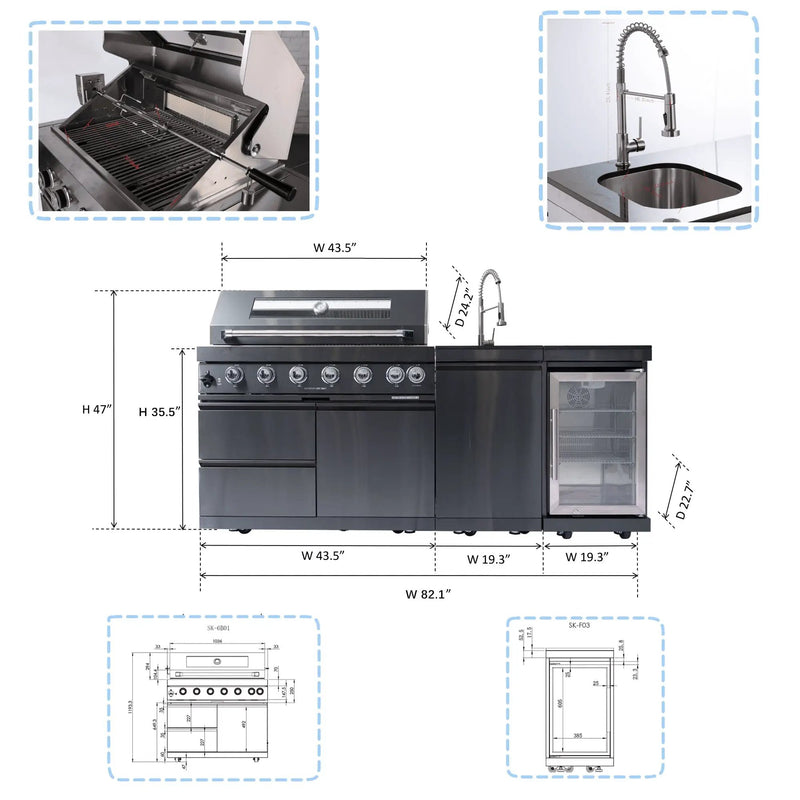 NG 85" 6-Burner 85,000 BTU Black Outdoor Kitchen Island Grill Refrigerator + Rotisserie Kit + Sink by Chery Industrial