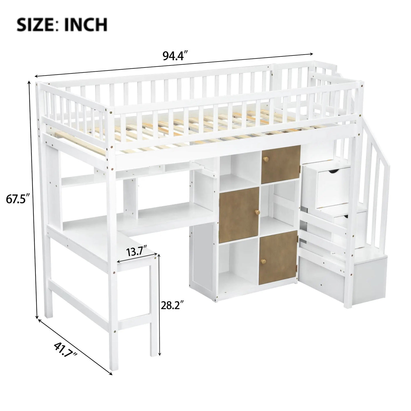 Loft Bed With Built In L Shaped Desk, LED Lights, Storage Shelves, Cabinets, And Staircase by HouseOfZazla