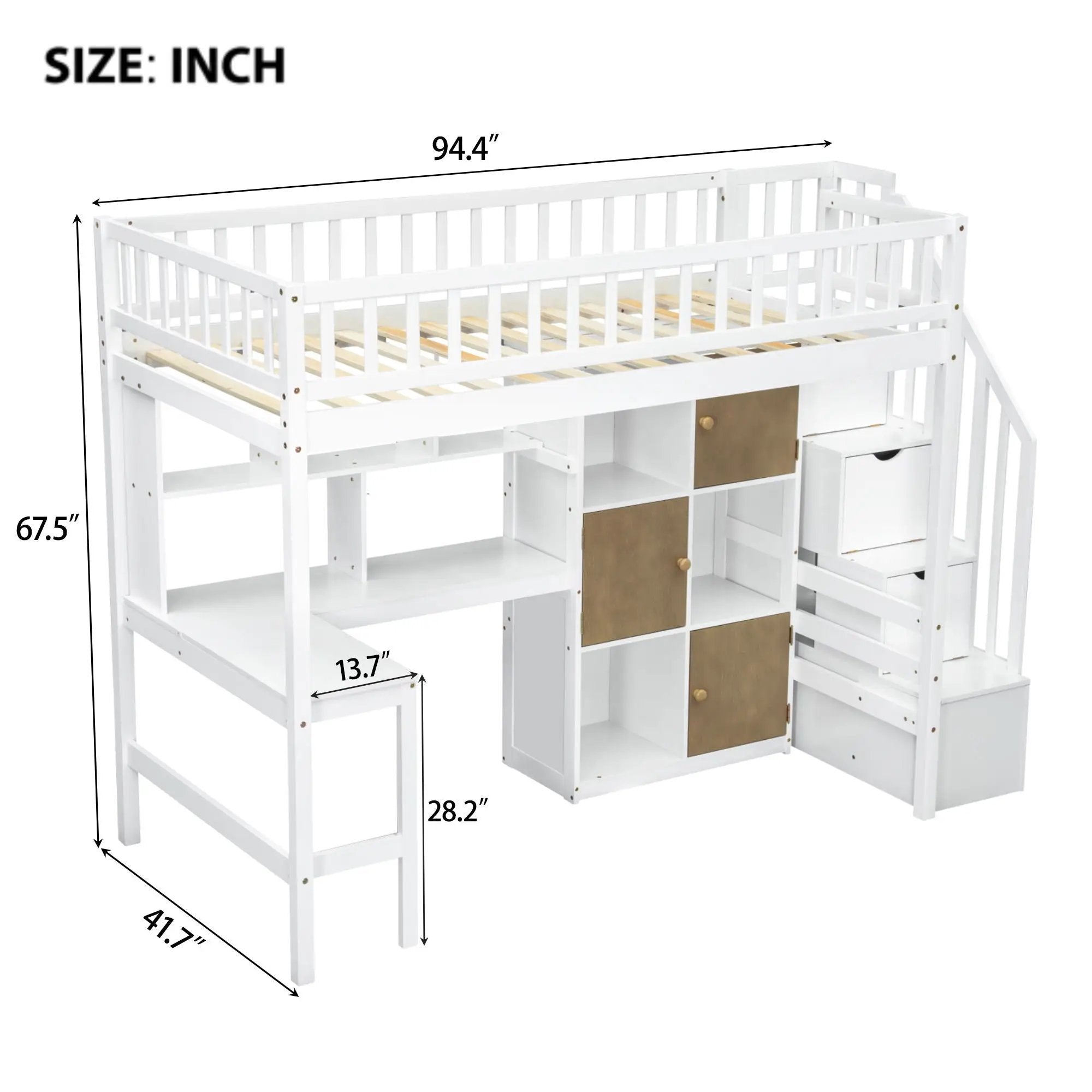 Loft Bed With Built In L Shaped Desk, LED Lights, Storage Shelves, Cabinets, And Staircase by HouseOfZazla