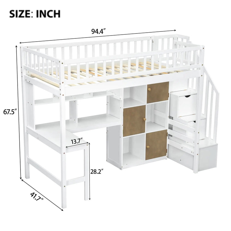 Loft Bed With Built In L Shaped Desk, LED Lights, Storage Shelves, Cabinets, And Staircase by HouseOfZazla