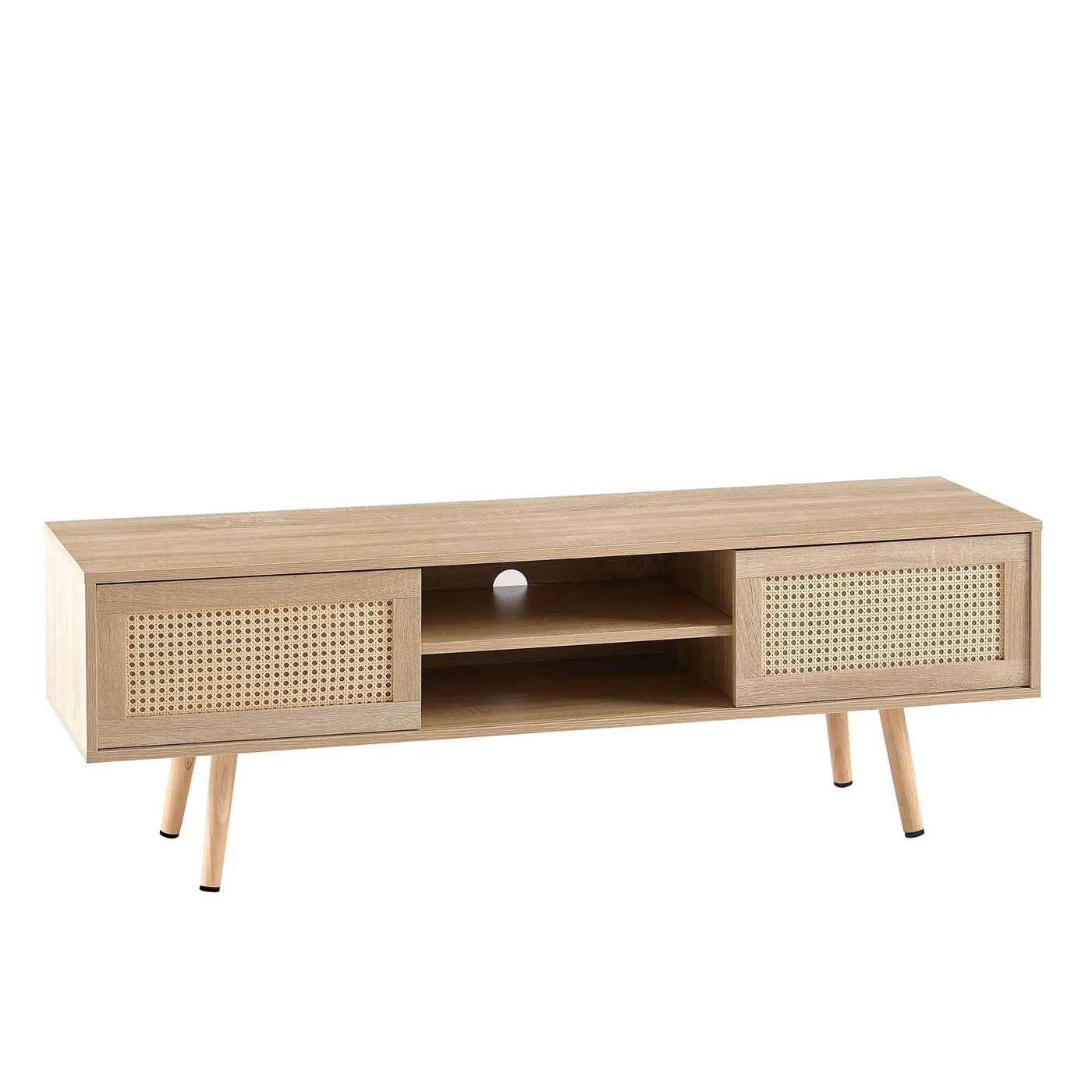 55.12" Rattan TV Cabinet, Double Sliding Doors For Storage, Adjustable Shelf, Solid Wood Legs, TV Console For Living Room by HouseOfZazla