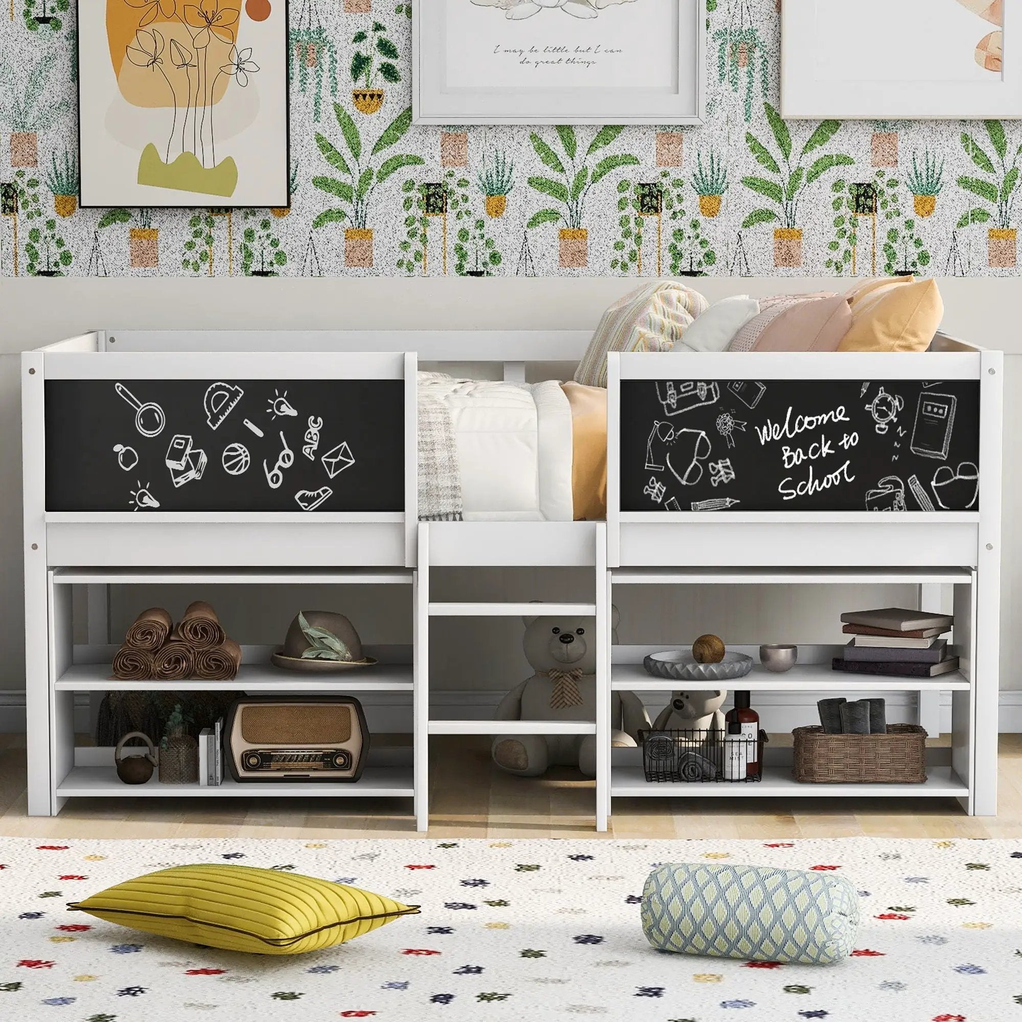 Low Loft Bed With Movable Shelves And Ladder, Decorative Chalkboard Guardrail by HouseOfZazla
