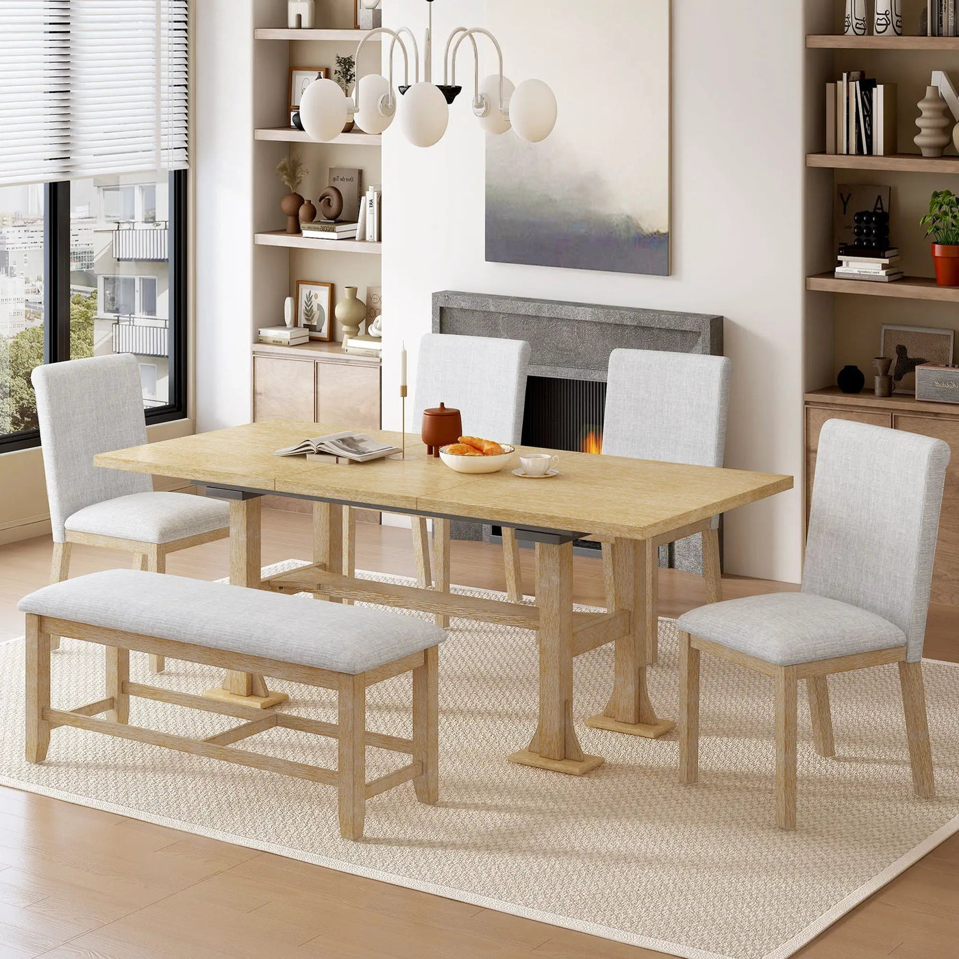 Topmax - 6 Piece Farmhouse Extendable Dining Table Set Trestle Kitchen Table Set With Removable Leaf And Upholstered Dining Chair And Bench For Dining Room by Unique Piece Furniture