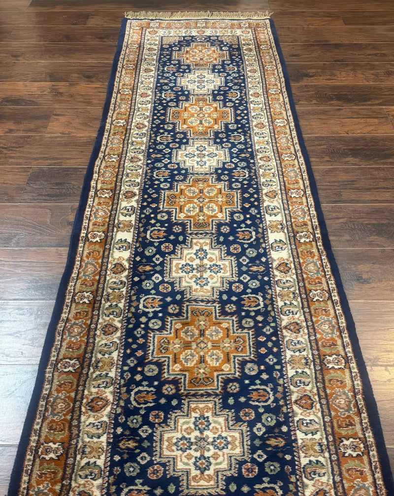 Indo Persian Runner Rug 2.6 x 12.7, Indian Kashmiri Runner for Hallway or Kitchen, Navy Blue, Geometric Medallions, Handmade Wool by Jewel Rugs